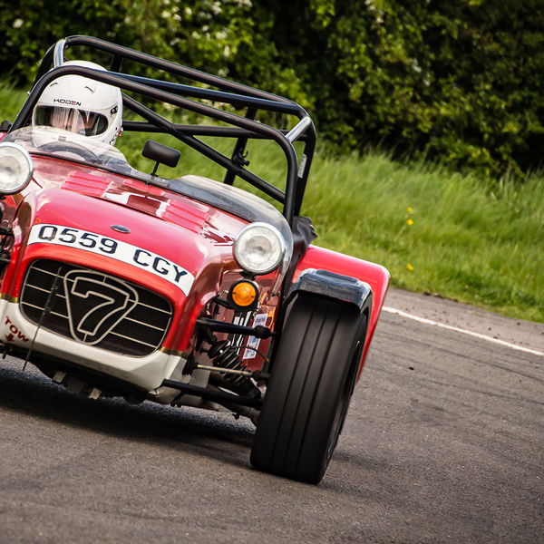 Lotus 7 Club Speed Championships, Curborough, #36 red caterham 7 rounding the fradley hairpin corner at curborough sprint track