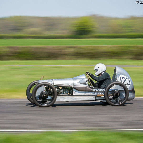 Vintage Sports Car Club Curborough Speed Trials 2019, #15 aluminium bodied vintage racing car at speed on curborough sprint course