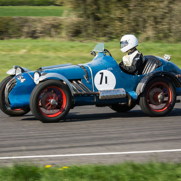 Vintage Sports Car Club Curborough Speed Trials 2019, #40 Blue vintage racing car at speed on curborough sprint course
