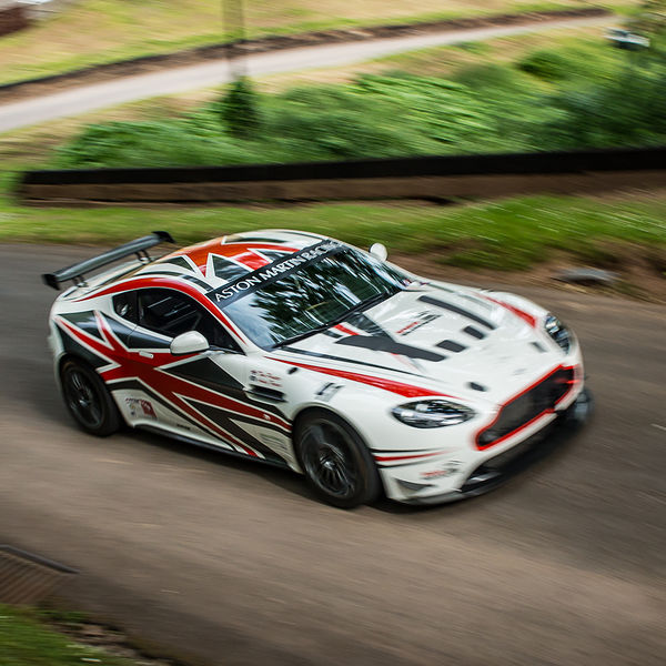Best of British 2019, Shelsley Walsh, #02 red white and black aston martin race car attacking shelsley walsh hill climb at speed