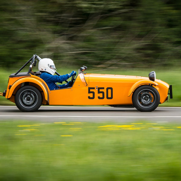 British Motorsports Marshals Sprint, Curborough Sprint Course, #02 Orange Lotus 7 Caterham Westfield at speed on Curborough Sprint Course