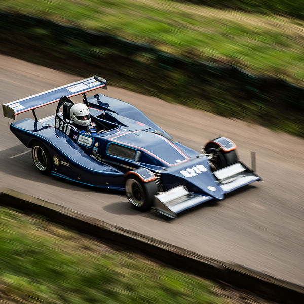Best of British 2019, Shelsley Walsh, #22 classic blue single seat racing car at shelsley walsh hill climb at speed