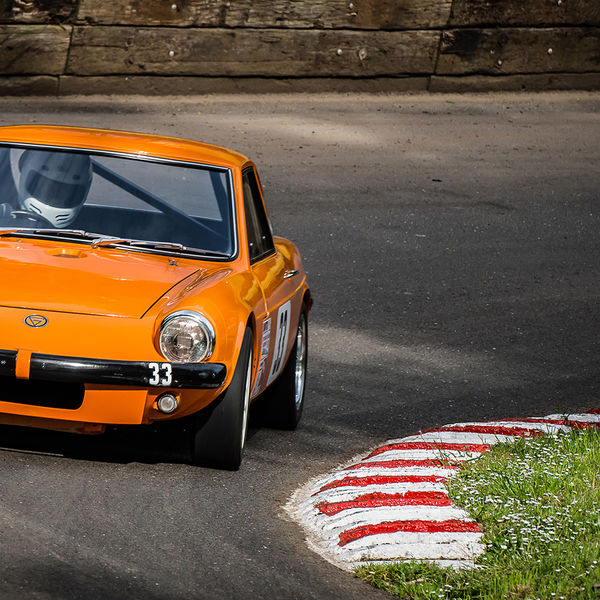 Best of British 2019, Shelsley Walsh, #50 orange ginetta race car at shelsley walsh hill climb at speed