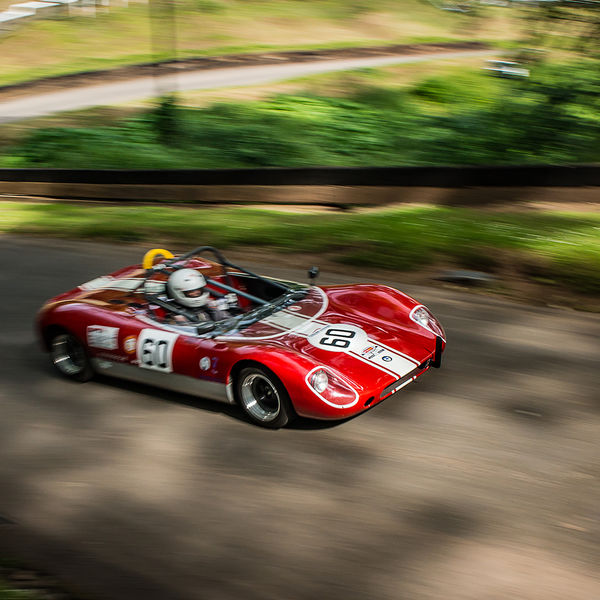 Best of British 2019, Shelsley Walsh, #05 red classic 1960's racing car shooting up shelsley walsh hill climb at speed