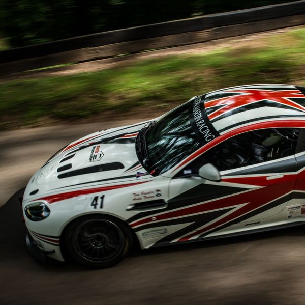 Best of British 2019, Shelsley Walsh, #04 Aston Martin GT race car descending shelsley walsh hill climb at speed