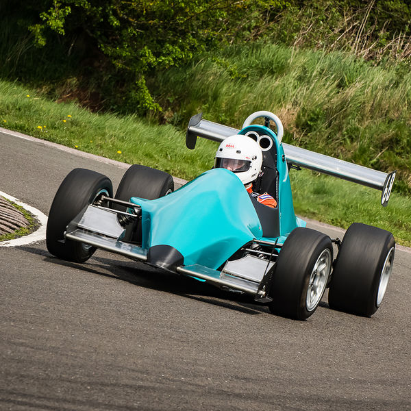 Curborough Sprint Championship 2019 - Round One - #23 pale blue motorcycle engined race car rounding curborough sprint track fradley hairpin corner