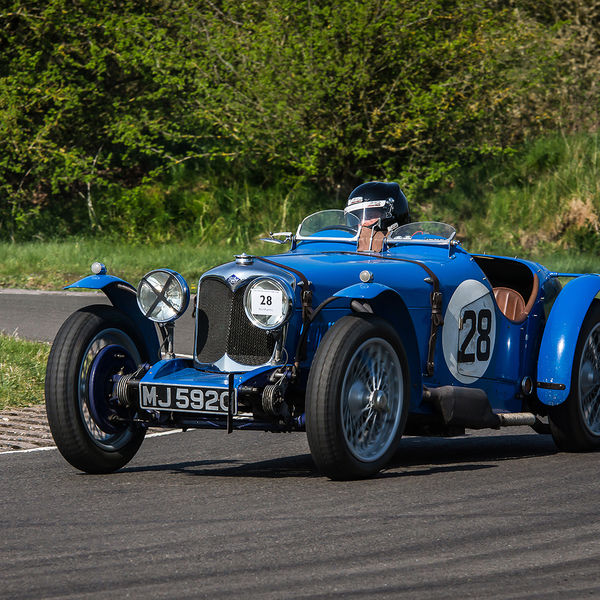 Vintage Sports Car Club Curborough Speed Trials 2019, #28 Blue vintage racing car at speed on curborough sprint course