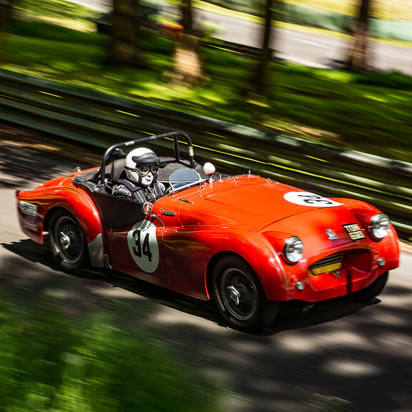 La Vie en Bleu 2019, Prescott Speed Hill Climb, #40 red triumph tr2 classic sports car racing up prescott hill at the 2019 la vie en bleu event