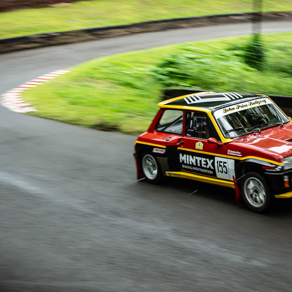 Classic Nostalgia 2019, Shelsley Walsh Hill Climb, #16 classic renault five rally car at speed on shelsley walsh hill climb circuit