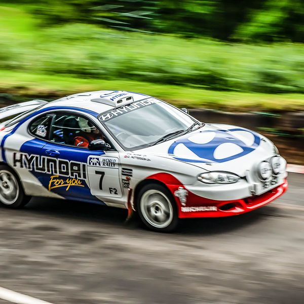 Classic Nostalgia 2019, Shelsley Walsh Hill Climb, #12 classic hyundai rally car at speed on shelsley walsh hill climb circuit