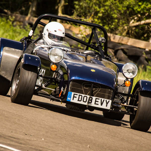 Lotus 7 Club Speed Championships, Curborough, #30 dark blue caterham 7 at speed through curborough sprint course mole hill corner