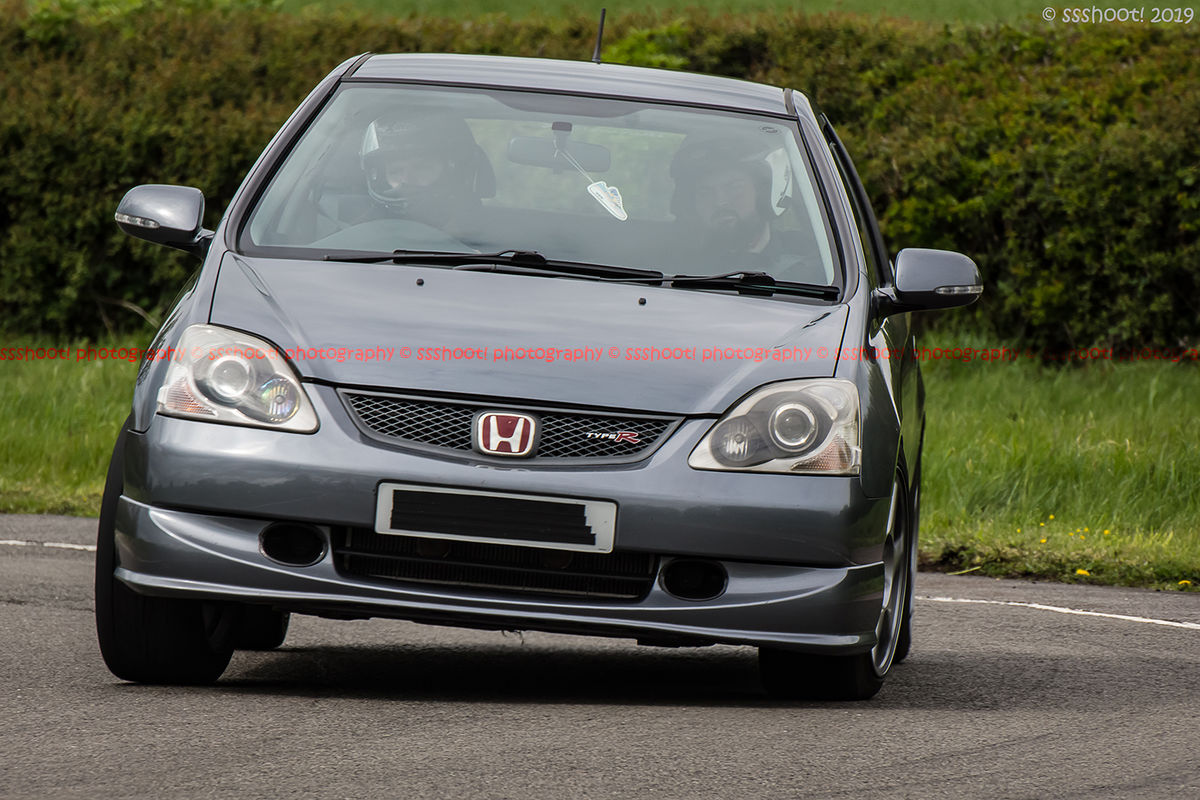 Grey Honda civic type R cornering at speed on Curborough Sprint Course