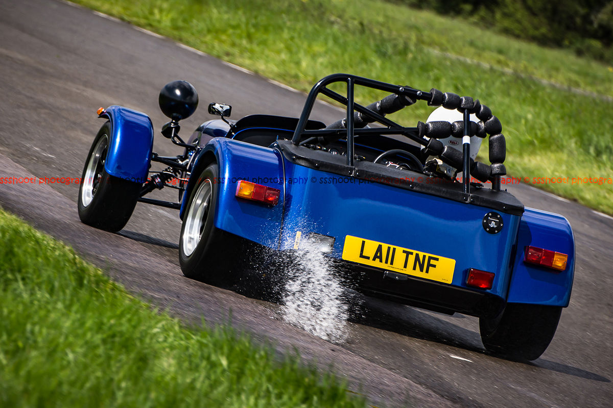 Blue Lotus 7 Caterham Westfield through water at speed on Curborough Sprint Course