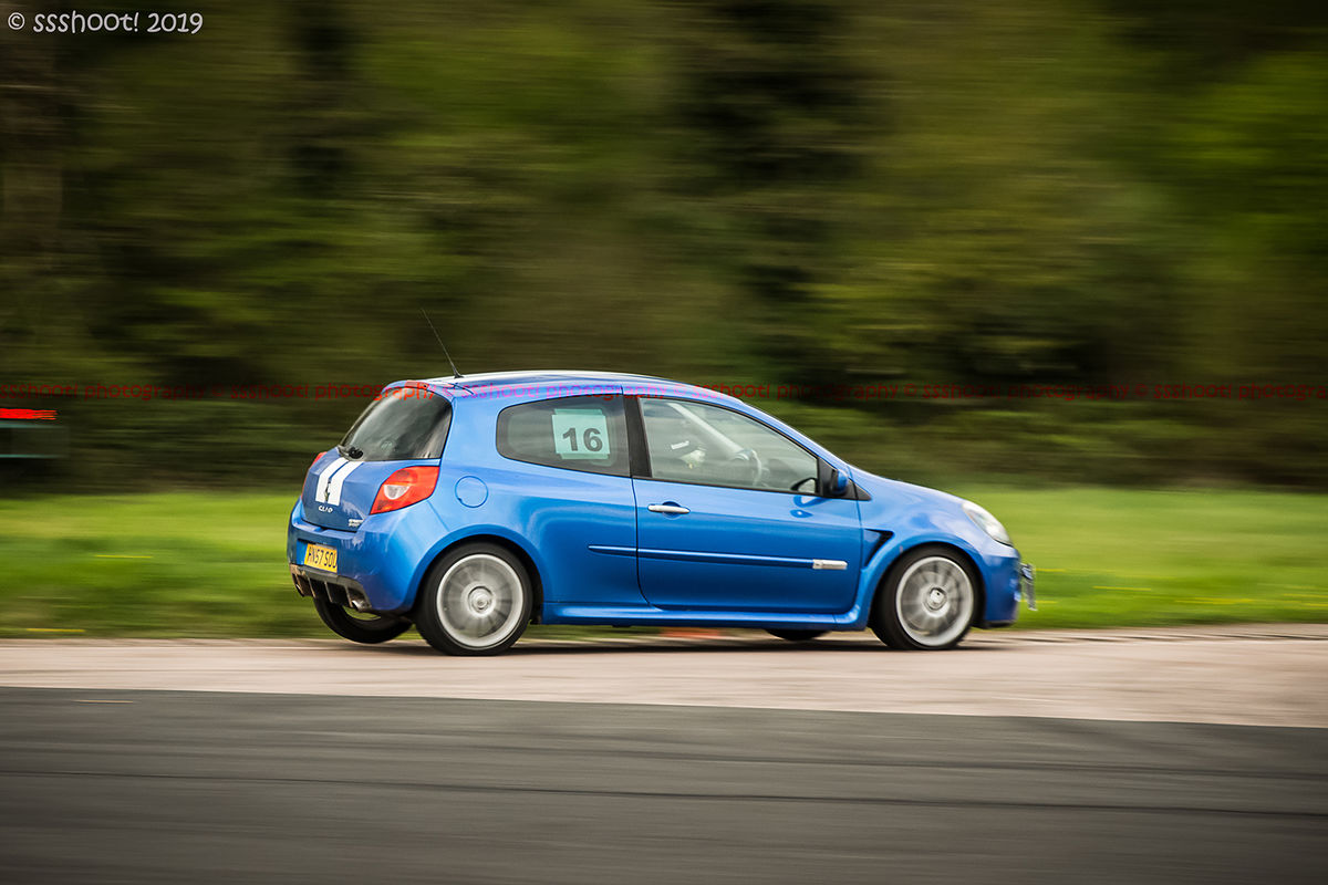 blue renault clio negotiating flagpole corner during curborough sprint championship 2019