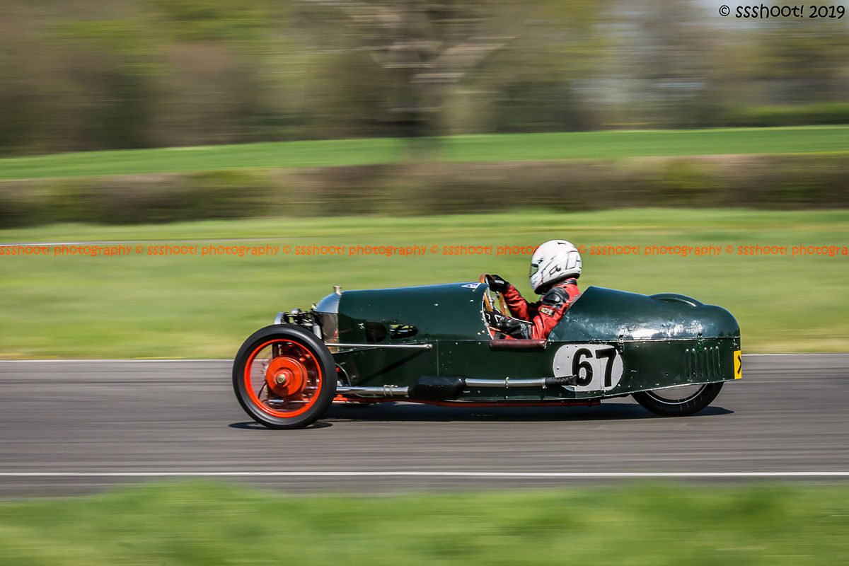 Green morgan vintage racing car at speed on curborough sprint course