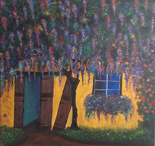 Wisteria on a yellow wall by Tony Hughes