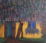 Wisteria on a yellow wall by Tony Hughes