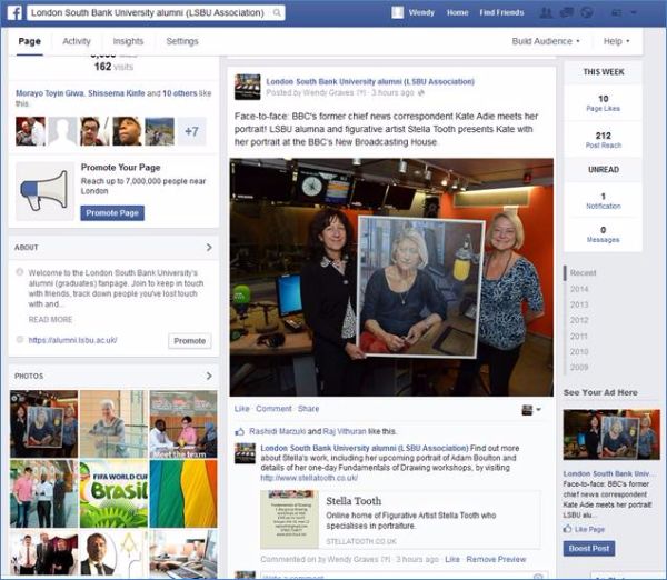 LBU post about Lots Road Group Connected exhibition. Stella Tooth shown with Kate Adie portrait. Portrait art.