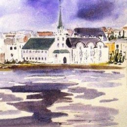 Reykjavik accross Tjörnin (The Pond) Iceland (ink painting)