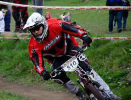 Cyclist at MTB Downhill Bike Event, Marple, Cheshire 1
