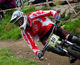 Cyclist at MTB Downhill Bike Event, Marple, Cheshire 4
