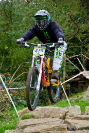Cyclist at MTB Downhill Bike Event, Marple, Cheshire 10
