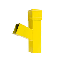 Product photo: square section aluminium rainwater pipe branch connector with gloss yellow finish..