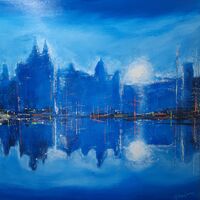 Liverpool Waterfront in Blue 80cm x 80cm - Acrylic on canvas. Available through dot-art £495 (Sold)