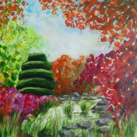 Calderstones Park, Japanese garden, Liverpool,12" X 12" Acrylic and pen (Sold)