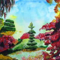 Calderstones Park, Liverpool. Japanese Gardens, Acrylic on canvas, 30cm x 30cm (Sold)