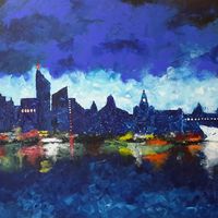 Liverpool Waterfront in Blue with Reflections - Acrylic on canvas - £245