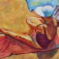 Woman on beach towel. Watercolour. A3