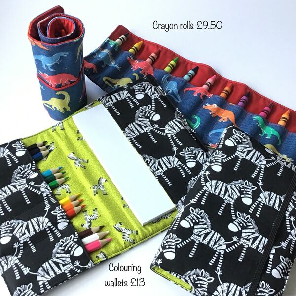 Crayon rolls and colouring wallets