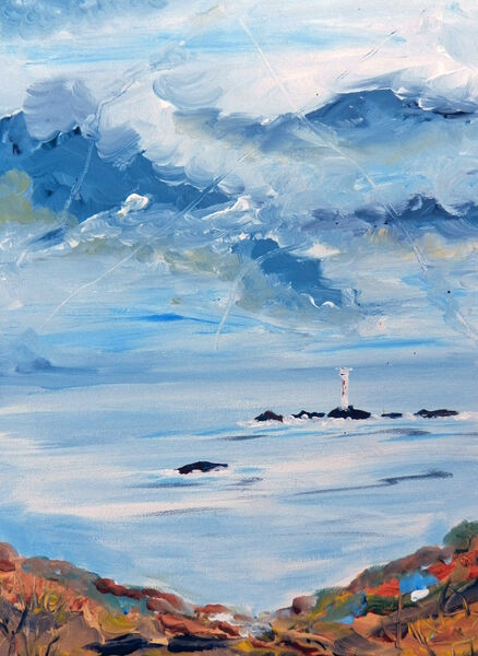 The Longships Lighthouse from Lands End with the Kettles Bottom reef of rocks