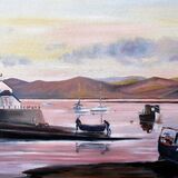 Sunset over Aberdovey Harbour. Oil