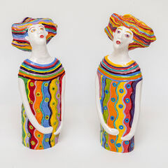 Susan Czopor ceramicist Heart Song slipcast earthenware figures, painted with underglazed colours and transparent glaze.