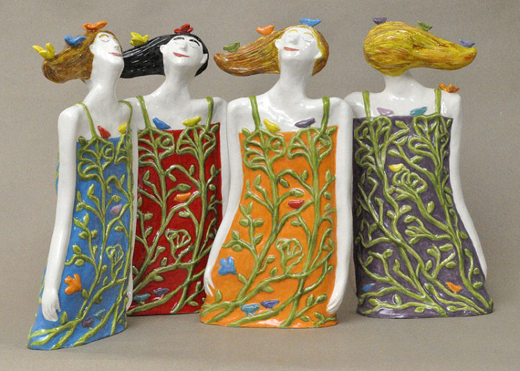 Dreaming of Birds 1 to 4, height 35cms. Ceramic figures cast from a sculpted original, with bird additions making each work unique.