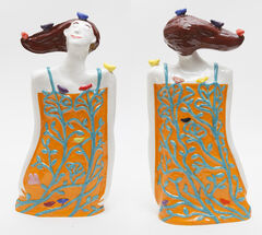 Dreaming of Birds ceramic figure in orange by ceramicist Susan Czopor. Earthenware slipcast, 36cm high.