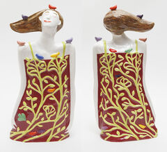 Dreaming of Birds ceramic figure in Rose by ceramicist Susan Czopor. Earthenware slipcast, 36cm high.