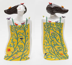 Dreaming of Birds ceramic figure in Intense Yellow by ceramicist Susan Czopor. Earthenware slipcast, 36cm high.