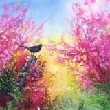 Black bird perched on a post among willowherb hedgerow