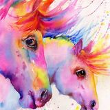 watercolour painting of two horse heads in pink colours, mother and daughter sise by side