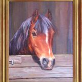Original oil painting of a brown horse looking over a stable door