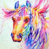 watercolour painting of a rainbouw coloured horse head