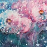 Only Time watercolour painting of dandelion clocks in pink and blue by artist susan metcalfe