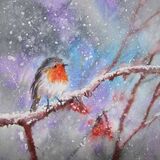 Water colour painting of a Robin in a tree branch with red berries, and snowy background in lilac and grey tones