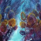 Watercolour artwork of gold and brown teasels on a dramatic turqoise and navy background