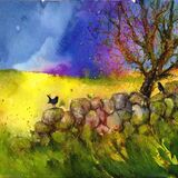 Water colour painting of a blue sky, yellow field, and 2 blackbirds on a dyke