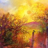 Golden yellow and gold colours with a Robin sitting on a post, a watercolour painting by Susan Metcalfe