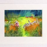 The Quiet Place watercolour painting of a green field, a dyke and buildings by artist susan metcalfe